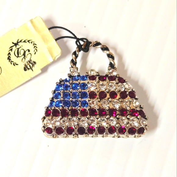 Premier Designs Rhinestone American Flag Purse Brooch Red Blue Silvertone - Picture 2 of 6